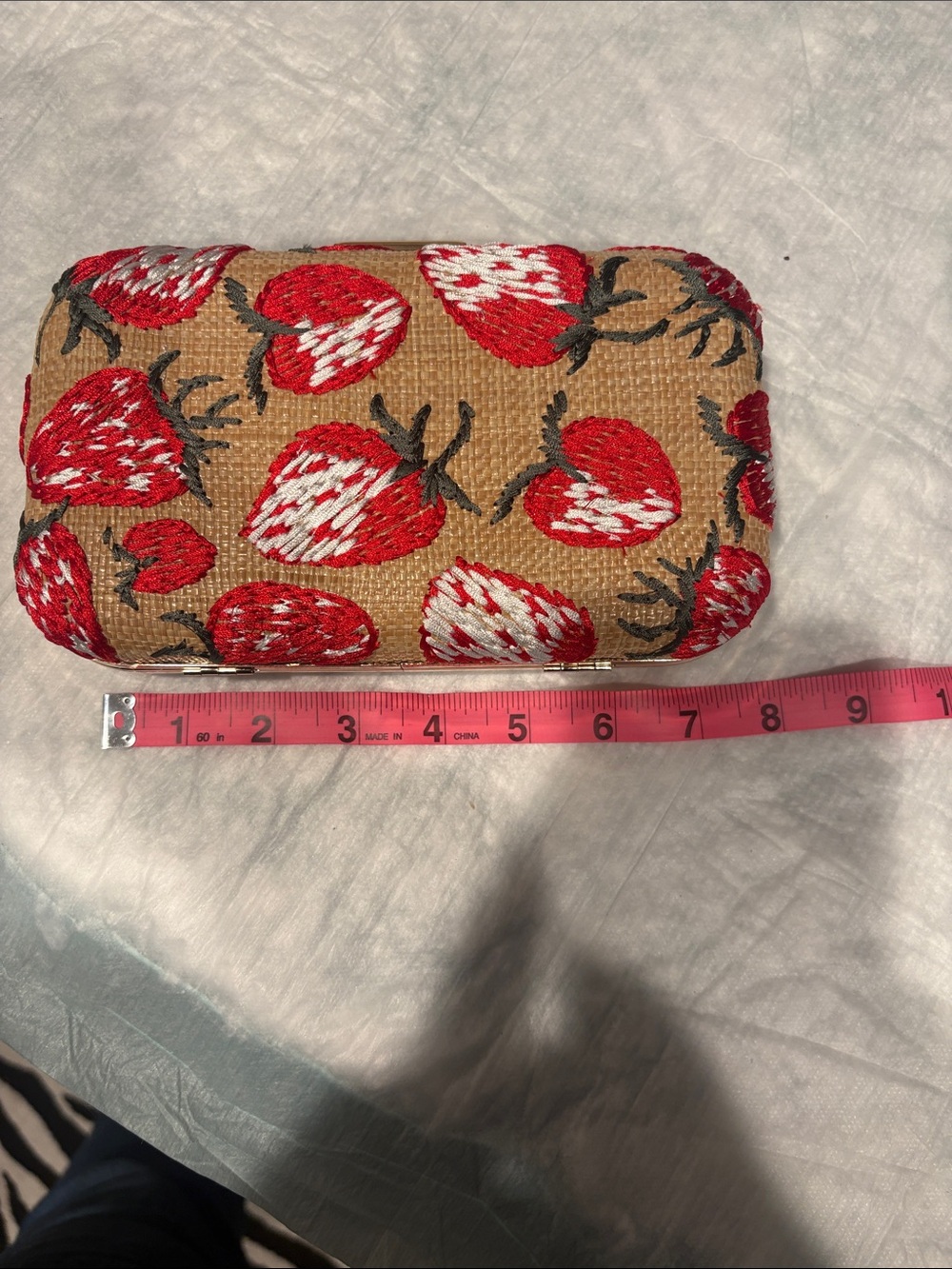Savanna Jane Tan Straw Clutch with Red Strawberry Embroidery